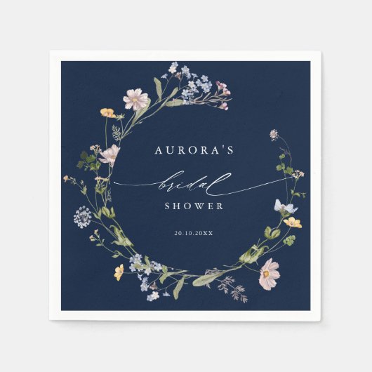 Bruiloftsshower met lentebloemenweide in navy servet (Voorkant)