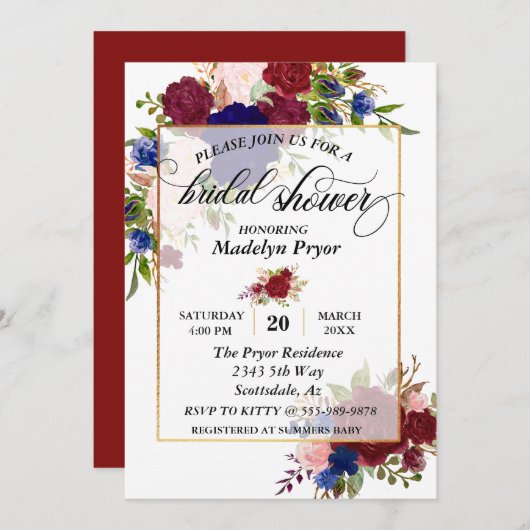 Bruiloftsshower Navy Burgundy Goud Frame Goud Kaart (Voorkant / Achterkant)