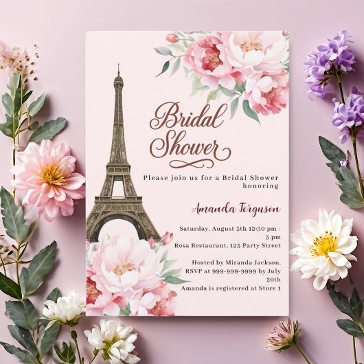 Bruiloftsshower Paris Eiffeltoren roze bloemen Kaart