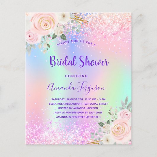 Bruiloftsshower roze paarse glitters bloemen budge flyer (Voorkant)