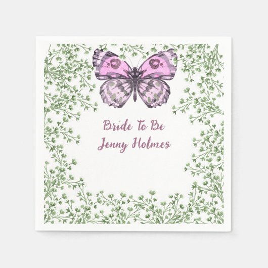 Bruiloftsshower Roze Vlinder Groene Beplanting Servet (Voorkant)