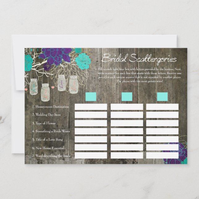 Bruiloftsshower Scattergories-spel | Rustieke bloe (Voorkant)