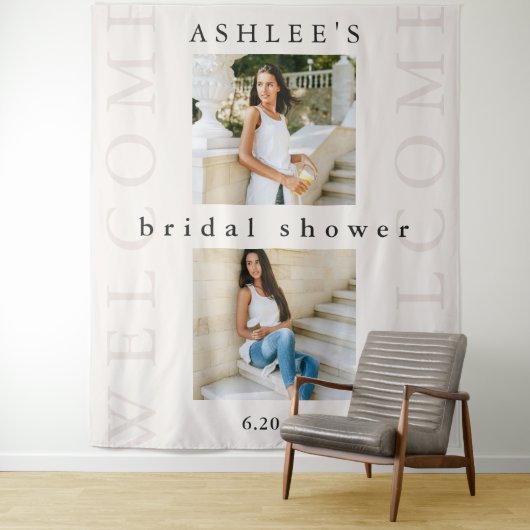 Bruiloftsshower Twee Foto Typografie Welkom Wandkleed (In situ)