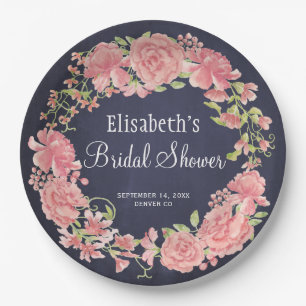 Bruiloftsshower waterverf roze bloemen marineblauw papieren bordje