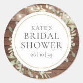 Bruiloftssluiting met groene rustieke slingerlicht ronde sticker (Voorkant)