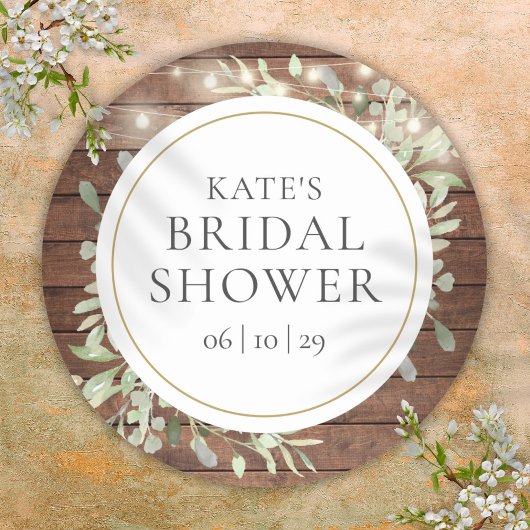 Bruiloftssluiting met groene rustieke slingerlicht ronde sticker