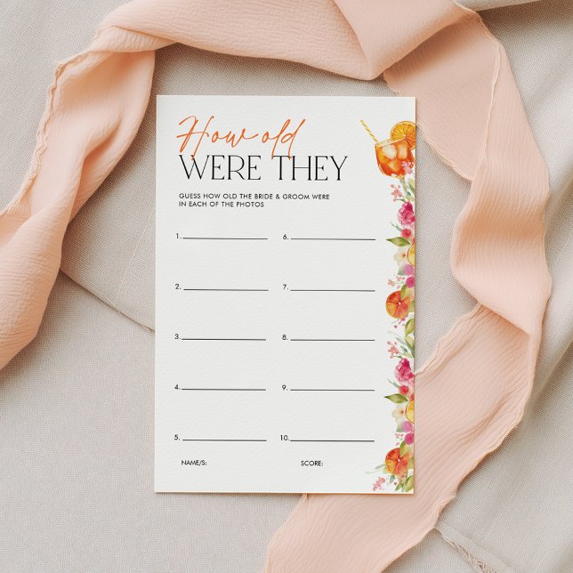 Bruiloftsspel Hoe oud waren ze bij hun eerste Spri (How Old Were They? Love at First Spritz Bridal Shower | Pink Orange Floral Citrus)