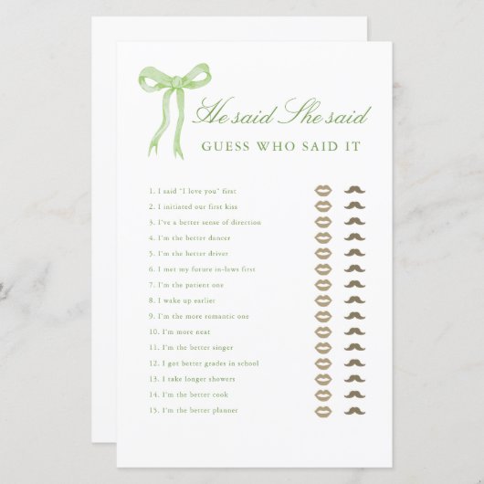 Bruiloftsspel met groene strik Hij zei Zij zei (Voorkant / Achterkant)