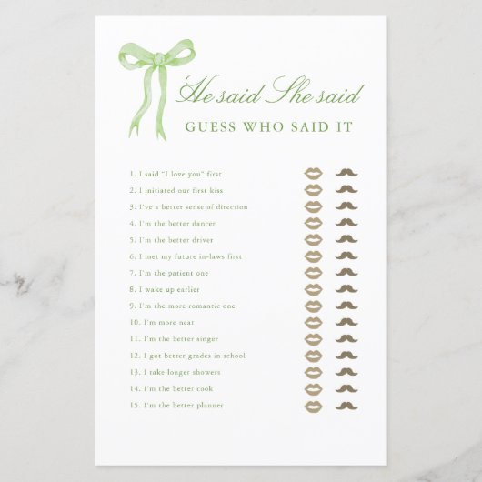 Bruiloftsspel met groene strik Hij zei Zij zei (Voorkant)