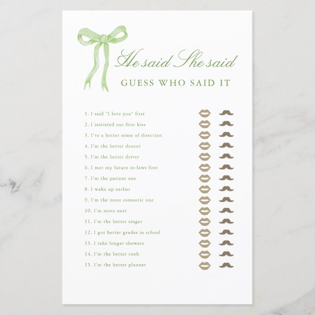 Bruiloftsspel met groene strik Hij zei Zij zei (Voorkant)