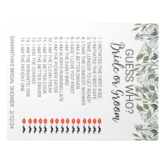 Bruiloftsspel Raad wie er Bladeren Laat Vallen Notitieblok (Voorkant)