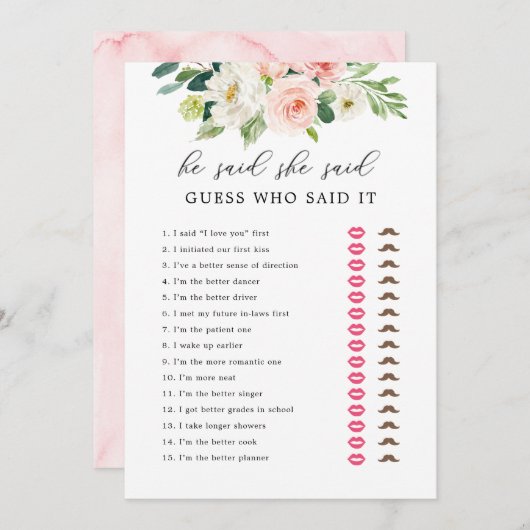 Bruiloftsspelkaarten met 'Hij zei, zij zei' in blo Kaart (Voorkant / Achterkant)