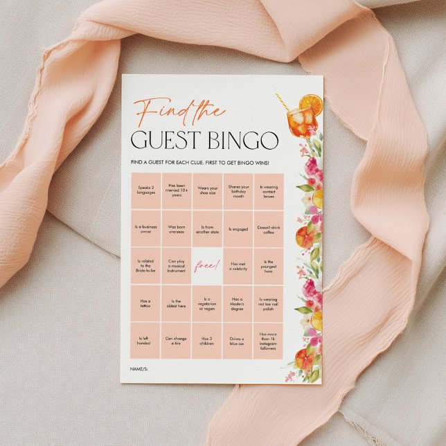Bruiloftsspelletjes Gast Bingo Citrus Spritz (Find the Guest Bingo | Love at first Spritz | Citrus Bridal Shower Game )