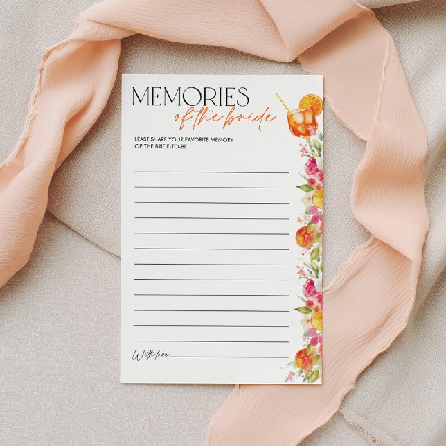 Bruiloftsspelletjes Herinneringen aan de Bruid Spr (Memories of the Bride | Love at First Spritz Bridal Shower Game | Bright Floral Citrus)