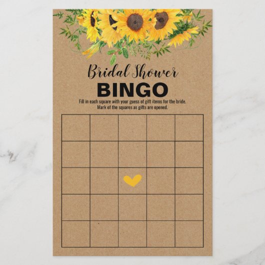 Bruiloftsspelletjes Rustic Zonnebloemen Bingo Kaar Flyer (Voorkant)