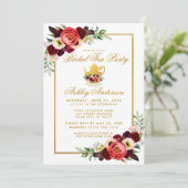 Bruiloftsthee feest Burgundy Boho Bloem Goud Kaart (Staand voorkant)