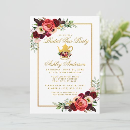 Bruiloftsthee feest Burgundy Boho Bloem Goud Kaart (Staand voorkant)