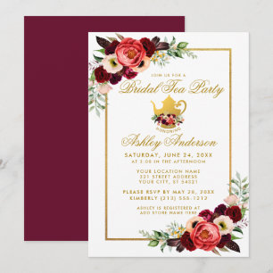 Bruiloftsthee feest Burgundy Boho Bloem Goud Kaart