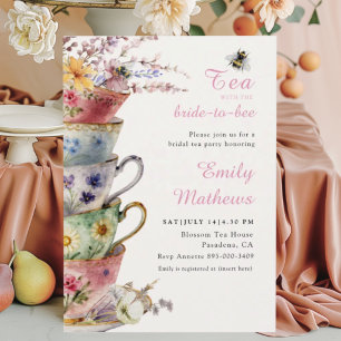 Bruiloftsthee Party Roze Bloemige Waterverf Kaart