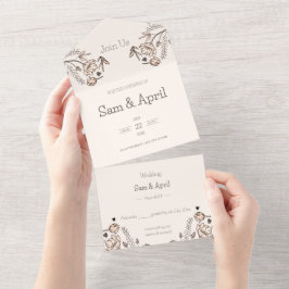 Bruiloftsthema met bruine bloemen all in one uitnodiging