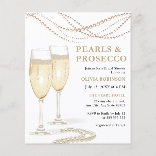 Bruiloftsuitnodiging Budget Parels & Prosecco Flyer (Voorkant)