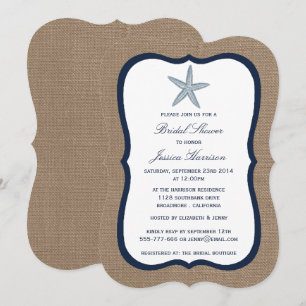 Bruiloftsuitnodiging met zeester en jute strandthe kaart