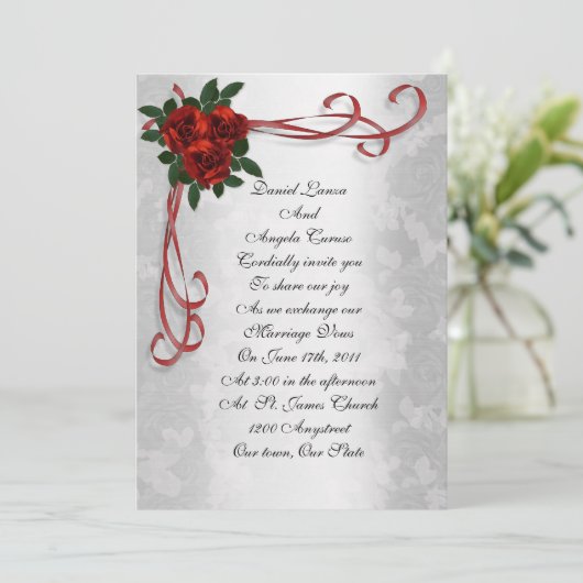 Bruiloftsuitnodiging rode rozen en linten kaart (Staand voorkant)