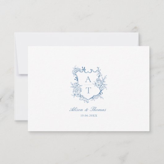 Bruiloftsvibrant Blue Crest Monogram Details Kaart (Achterkant)