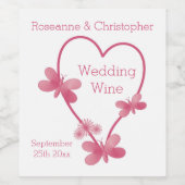 Bruiloftswijnlabel Roze Hart en Vlinders Wijn Etiket (Enkel label)