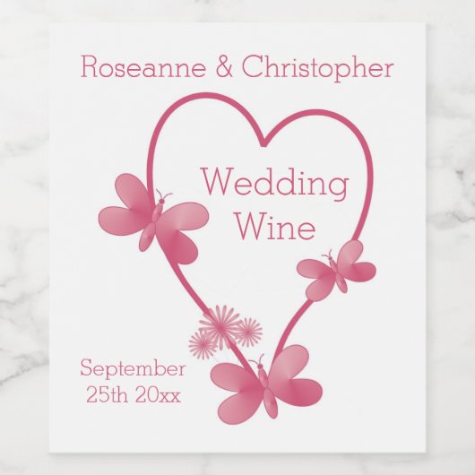 Bruiloftswijnlabel Roze Hart en Vlinders Wijn Etiket (Enkel label)