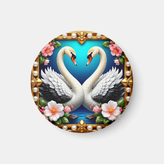 Bruiloftszwanen omlijst met goud en bloesems magneet