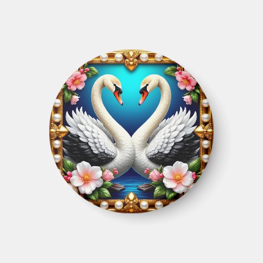 Bruiloftszwanen omlijst met goud en bloesems magneet (Voorkant)