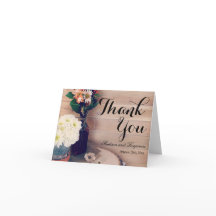 Bruiloostkaart van rustiek hout en bloemen bedanke