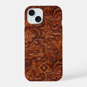 Bruin 3D-gereedschap leer bloemmotief 2 monogram iPhone 15 Case