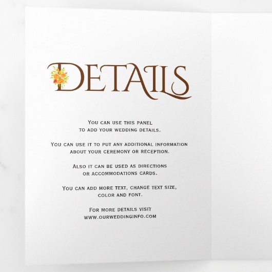 Bruin ampersand met oranje rozen herfst bruiloft drieluik uitnodiging (Binnenzijde eerst)