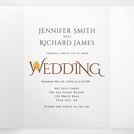 Bruin ampersand met oranje rozen herfst bruiloft drieluik uitnodiging (Binnenkant midden)