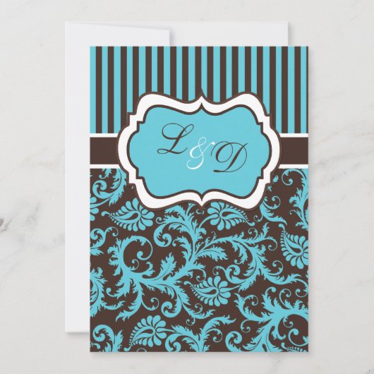 Bruin, Aqua, White Striped Damask Wedding Invite Kaart (Voorkant)