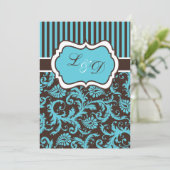 Bruin, Aqua, White Striped Damask Wedding Invite Kaart (Staand voorkant)