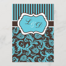 Bruin, Aqua, White Striped Damask Wedding Invite
