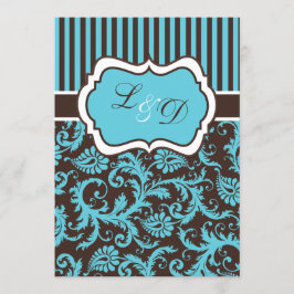 Bruin, Aqua, White Striped Damask Wedding Invite Kaart