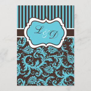 Bruin, Aqua, White Striped Damask Wedding Invite Kaart