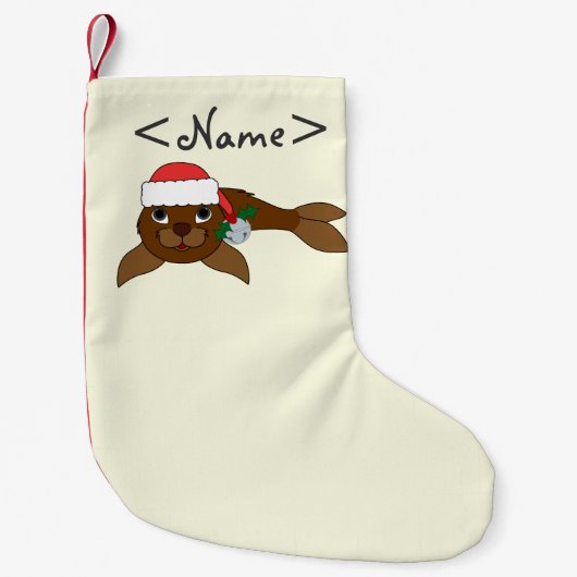 Bruin Baby zegel met Santa Hat en Silver Bell Kleine Kerstsok (Voorkant)