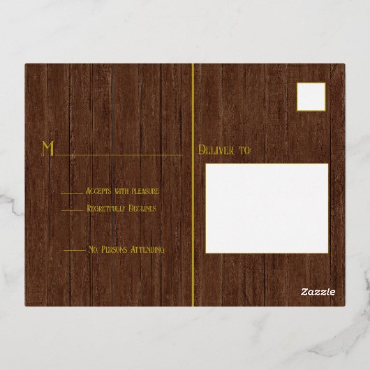 Bruin Barnboard en Gold Foil RSVP Folie Uitnodiging Briefkaart (Achterkant)