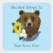 Bruin Beer Blauwe Bloemen Veer Boekplaat Vierkante Sticker (Voorkant)