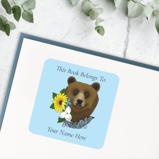 Bruin Beer Blauwe Bloemen Veer Boekplaat Vierkante Sticker