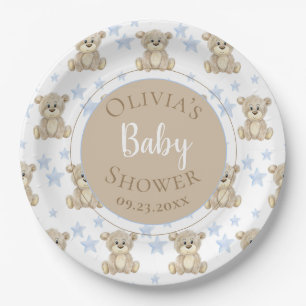 Bruin Beer Blue Stars Waterverf Baby shower Papieren Bordje