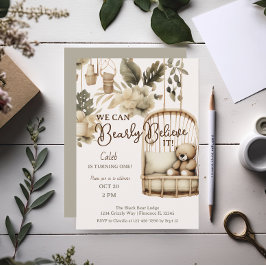 Bruin Beer boho botanische eerste verjaardag Kaart