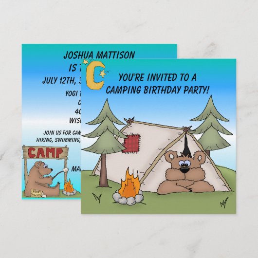 Bruin Beer Camping Birthday Uitnodiging (Voorkant / Achterkant)