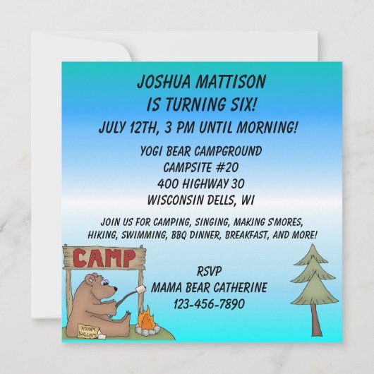 Bruin Beer Camping Birthday Uitnodiging (Achterkant)