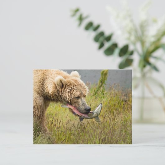 Bruin Beer dat zalm eet Briefkaart (Staand voorkant)
